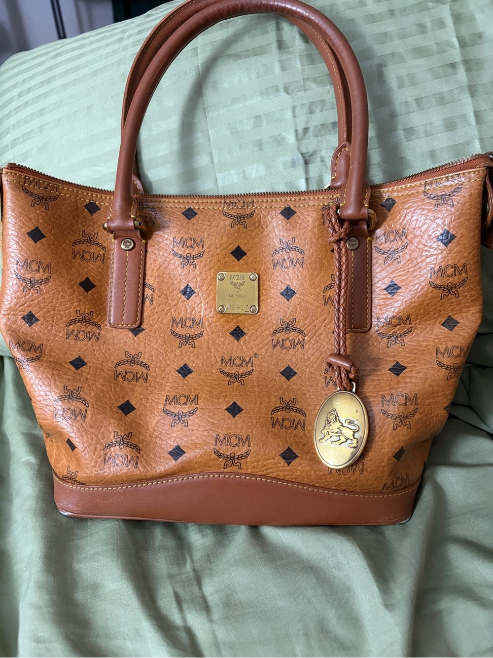 MCM Cognac Logo Print Leather Tote with Gold Plaque